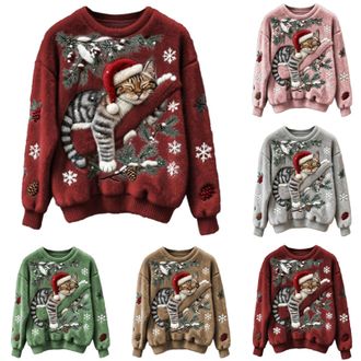 Generic Womens Christmas Cat Print Flannel Sweatshirt, Winter Casual Stylish Soft Warm Jumpers Xmas Novelty Funny Round Neck Pullover Tops Holidays Cosy Festi