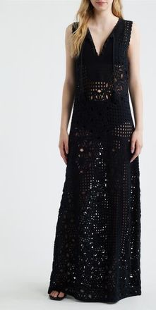 Frame Denim The Postcard Tie Neck Crochet Maxi Dress in Black at Nordstrom, Size X-Small