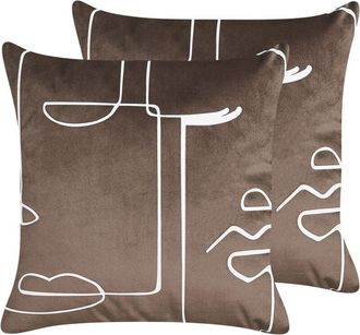 Beliani Conjunto De 2 Cojines De Terciopelo Marr&oacute;n Blanco 45 X 45 Cm Cara Philodendron