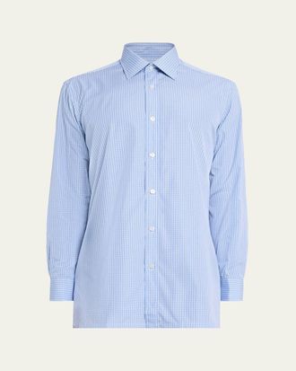 Charvet Mens Cotton Point Collar Micro-Plaid Sport Shirt
