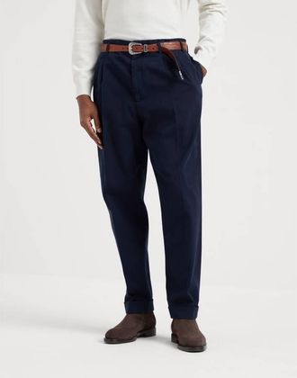 Brunello Cucinelli MenS Navy Cotton Pleated Trousers, Size 34