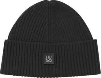 HUGO BOSS Xola Metal Beanie - unisex - Hoeden - Zwart - ONE Size - Wol - Accessoires