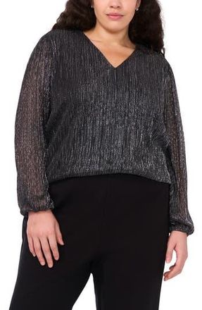 Halogen Metallic Pliss&eacute; V-Neck Top in Black/Silver at Nordstrom Rack, Size 1X