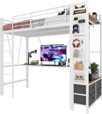 STILVORA Cama Alta Individual Con Escritorio, Perchero, Estantes, 4 Cajones, Usb Y Type-c 90 X 200 Cm, Sin Colch&oacute;n