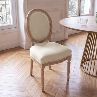 Maisons du monde Silla con respaldo medall&oacute;n bordado de lino beige y ceniza macizo