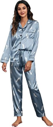 Generic Women Fashion Pajama Printing Sets Long Sleeve Button Down Sleepwear Nightwear Soft Sets Ladies P J Pants (Blue, M)