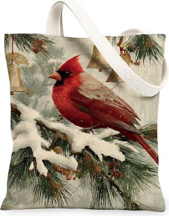 Generic Christmas Cardinal Canvas Tote Bags, Bird Art Reusable Grocery Bags, Winter Vintage Lightweight Washable Shoulder Strap for Travel Picnic 13x15 Inch
