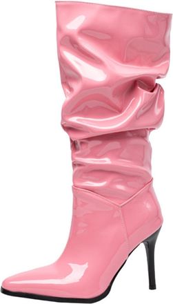 Generic Womens Mid-Calf Slouchy Boots Shiny Patent Leather Pointed Toe Stiletto Heel Vibrant Color Stylish Evening Party Cocktail Daily Casual Fashion Footwea