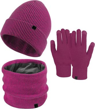 Generic Winter Cold Weather Set 3 in 1 Touch Screen Gloves Soft Fleece Brushed Inner Lining Neck Warmer Outdoor Sports Thermal Hat Purple