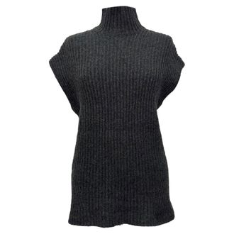 Ganni Ganni Ribbed Knit Mock Neck Sleeveless Sweater in Grey Wool