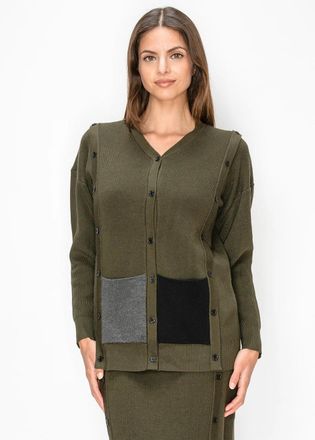 YAL New York Olive Knit Cardigan with Contrast Patch Pockets