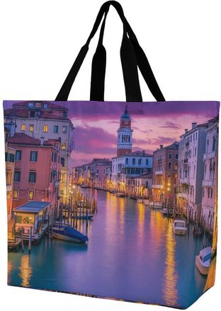 Generic Venice Italy Night Tote Bag Reusable Grocery Shopping Bags Large Travel One Shoulder Handbag for Picnic Work