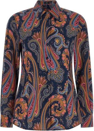 Etro Stretch Cotton Shirt With Leafy Paisley Motif - Dames - Overhemden - Blauw - L - Katoen - Overhemden