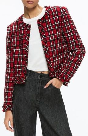 Alice & Olivia Tweed Jacket in Schoolgirl Plaid Bright Ruby at Nordstrom Rack, Size 6