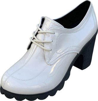 Generic Ladies Retro Fashion High Heel Ankle Boots Shiny Leather Lace Up Chunky Sole Design (White, 4.5)