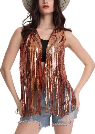 Feoya Womens Fringe Vest Sparkly Sequin Gilet Top Glitter Tassel Waistcoat for Women Shiny Open Front Cardigan Retro Vintage Hippie Sleeveless Jacket Sparkl