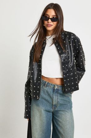 Boohoo Womens Super Soft Premium Faux Leather Studded Jacket - Black - Size 12 UK