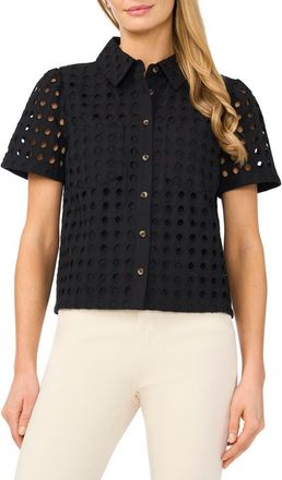 CeCe by Cynthia Steffe Cotton Eyelet Button-Up Shirt in Rich Black at Nordstrom, Size Xx-Large