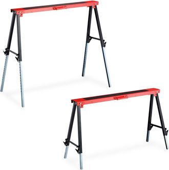 Relaxdays Caballete Trabajo, Set De 2, Altura Ajustable 12 Niveles, Carga Hasta 150 Kg, Plegable, Asa Transporte, Rojo - Relaxdays