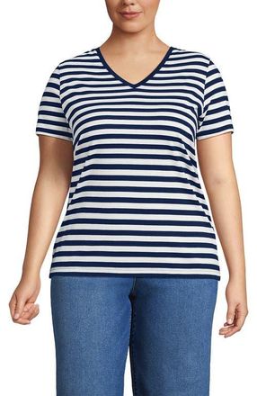 Lands End Supima Cotton V-Neck T-Shirt in Deep Sea Navy Even Stripe at Nordstrom, Size 2X