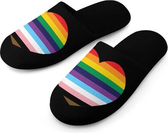 Generic Gay Proud Flag Heart Mens Flannel Slipper Soft Non Slip House Shoes Comfy Winter Warm Indoor Outdoor Slippers
