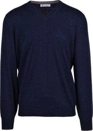 Brunello Cucinelli Pullover a V - Heren - Cashmere truien - Blauw - 2XL - Kasjmier - Truien & Vesten