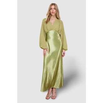Oasis Satin Chiffon Mix V Neck Midaxi Dress in Olive at Nordstrom, Size 6