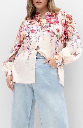 City Chic Gianna Floral Print Woven Shirt in Eden Garden at Nordstrom