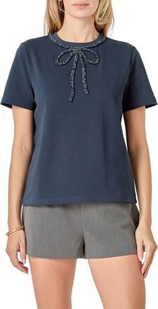 English Factory Beaded Bow Cotton T-Shirt in Navy at Nordstrom, Size X-Small