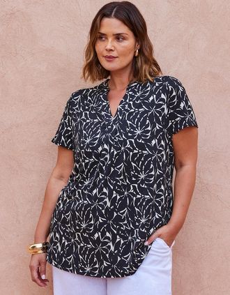 Live Unlimited London Womens Black Mono Print Pleat Front Nehru Collar Top - Size: 12