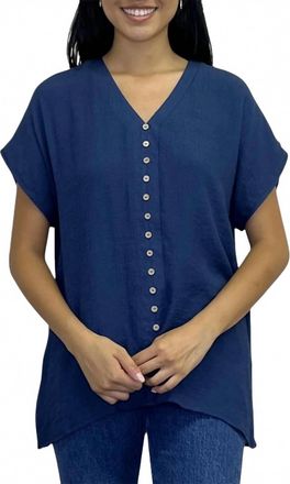 Papillon V-Neck Asymmetrical Crinkle Button Front Top In Blue