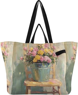 Generic Chair Flowers Green print Reusable Canvas Tote Bag, Heavy Duty Grocery Shopping Bag with Hard Bottom Large Capacity Double Handles Work Groceries Trav
