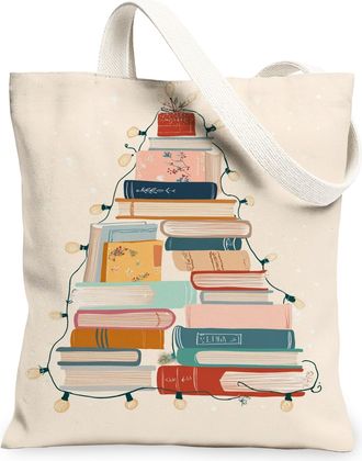 Generic Christmas Books Canvas Tote Bags, Holiday Literary Design Reusable Grocery Bags, Vintage Lightweight Washable Shoulder Stra, Beige, 13x15 Inch
