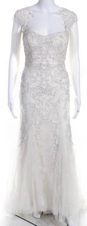 Monique Lhuillier Womens Radiance Lace Crystal Wedding Dress Ivory