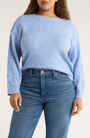 Wit & Wisdom Open Stitch Boat Neck Sweater in Heather Airy Blue at Nordstrom, Size 1X