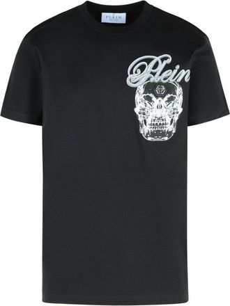 Philipp Plein Ribbed Crew Neck T-Shirt With Logo Patch And Chest Print