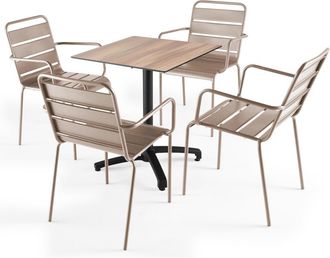 Oviala Mesa de conjunto laminado de roble oscuro y 4 sillones topo