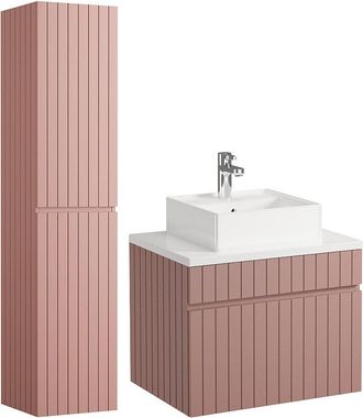 Vente-Unique Mueble de ba&ntilde;o suspendido estriado rosa con lavabo sobre encimera y columna - 60 cm - SATARA