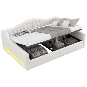 STILVORA Letto Divano 140 X 200 Cm In Mdf Con Contenitore, Led Regolabile E Testiera Imbottita, Senza Materasso, Beige