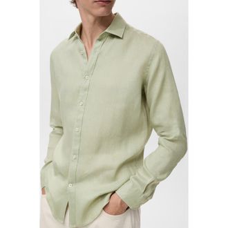 Mango Classic Fit Linen Button-Up Shirt in Pastel Green at Nordstrom, Size Small