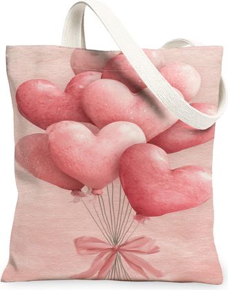 Generic Romantic Heart Print Canvas Tote Bags, Vintage Balloon Pattern Lightweight Washable Reusable Grocery Bags for ValentineS D, Peach, 13x15 Inch