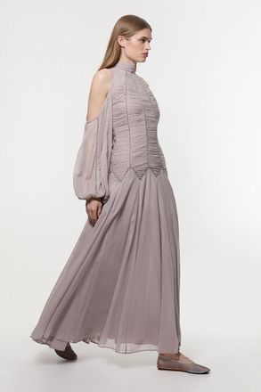 Karen Millen Womens Petite High Neck Embellished Ruched Georgette Woven Maxi Dress - Silver - Size 14 UK