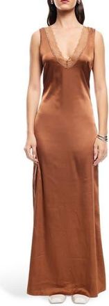 Lioness Simi Lace Trim Satin Maxi Dress in Umber at Nordstrom Rack, Size Small