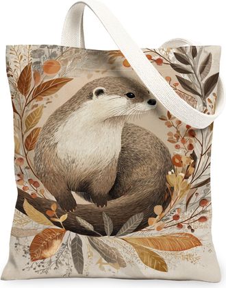 Generic Otter Canvas Tote Bags, Nature Inspired Lightweight Washable Reusable Grocery Bags, Fall Vintage Design Shoulder Strap Canv, Beige, 13x15 Inch