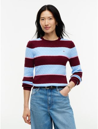 Tommy Hilfiger Womens Rugby Stripe Cable Knit Sweater - Burgundy - XXL
