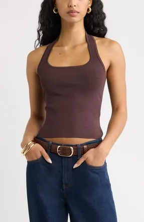 Open Edit Sweater Halter Top in Brown Seal at Nordstrom, Size Xx-Small