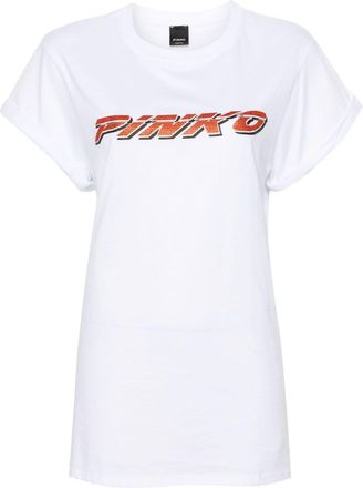 Pinko rhinestone-logo cotton T-shirt - women - Cotton - M - White