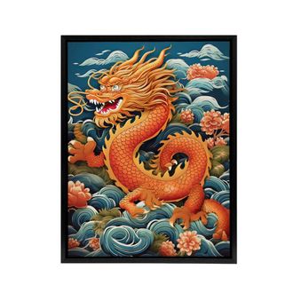 Artery8 Traditional Chinese Dragon Fantasy Framed Canvas Wall Art Print in Red | Size: W24 x H32
