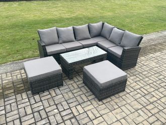 Fimous 8 Seater Wicker PE Outdoor Garden Furniture Set High Back Rattan Corner Sofa Set with 2 Big Footstool Rectangular Coffee Table in Dark Grey