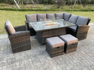 Fimous High Back Rattan Sets Gas Fire Pit Dining Table Heater Set Sofa 9 Seater in Dark Grey